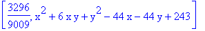 [3296/9009, x^2+6*x*y+y^2-44*x-44*y+243]
